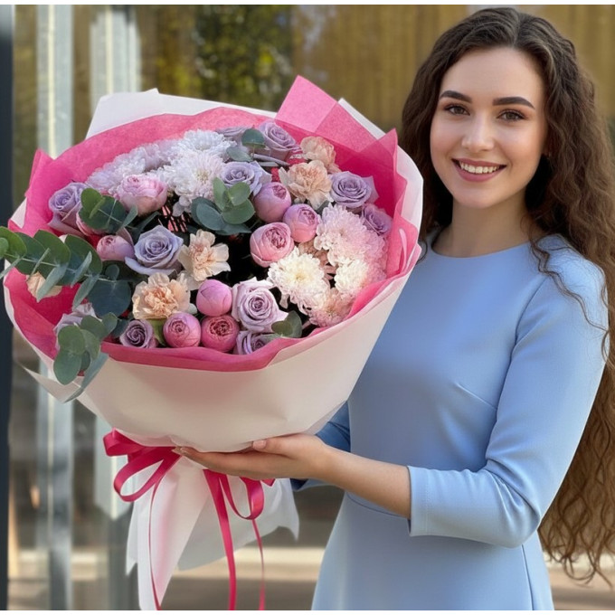 Букет из роз, пионовидных роз, хризантем, спрей роз Букет из роз, пионовидных роз, хризантем, спрей роз